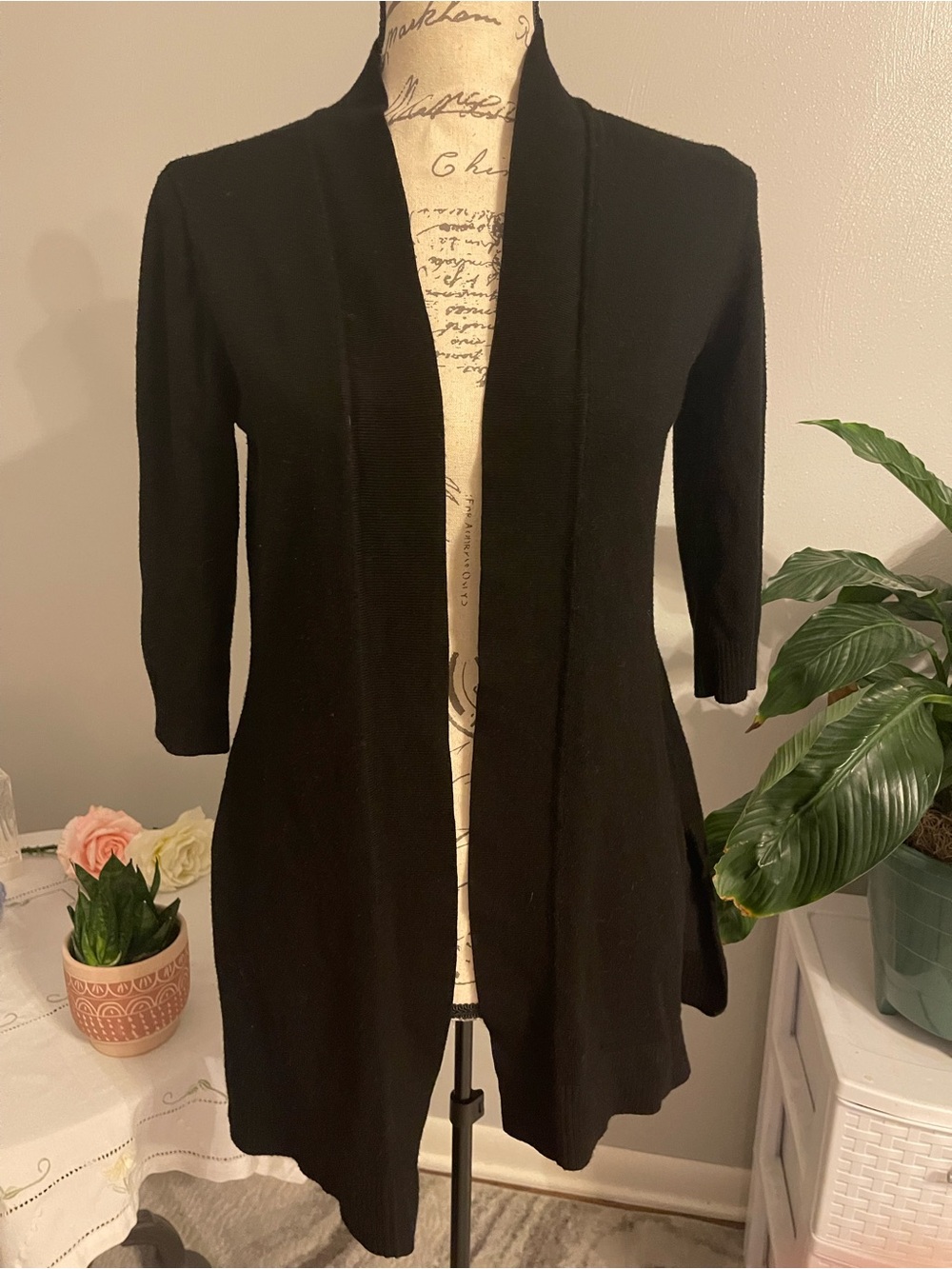Ronni Nicole Black Longline Cardigan Women S Open Front 3/4 Sleeve Workwear Knit